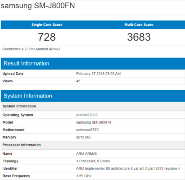 Samsung Galaxy J8 на Geekbench